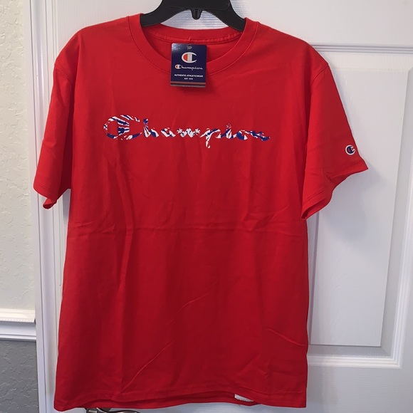 Champion Patriotic Script Logo Tee Red White Blue Tie Dye Graphic NWT Medium - Picture 2 of 7